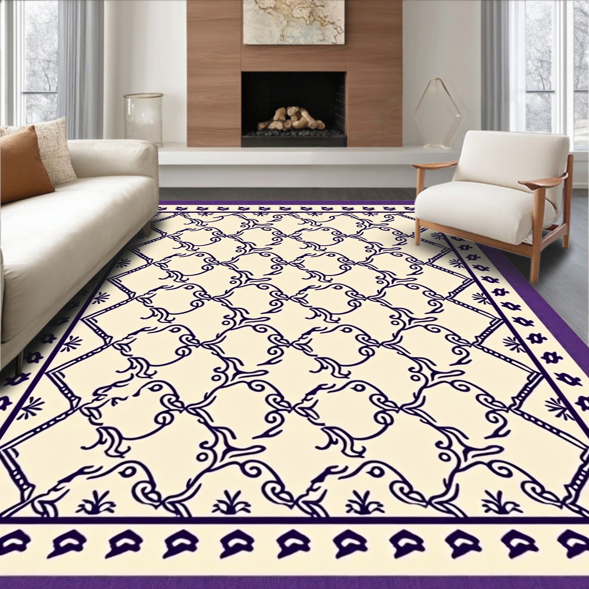 Elegant Ivory Lattice Purple Border Rug