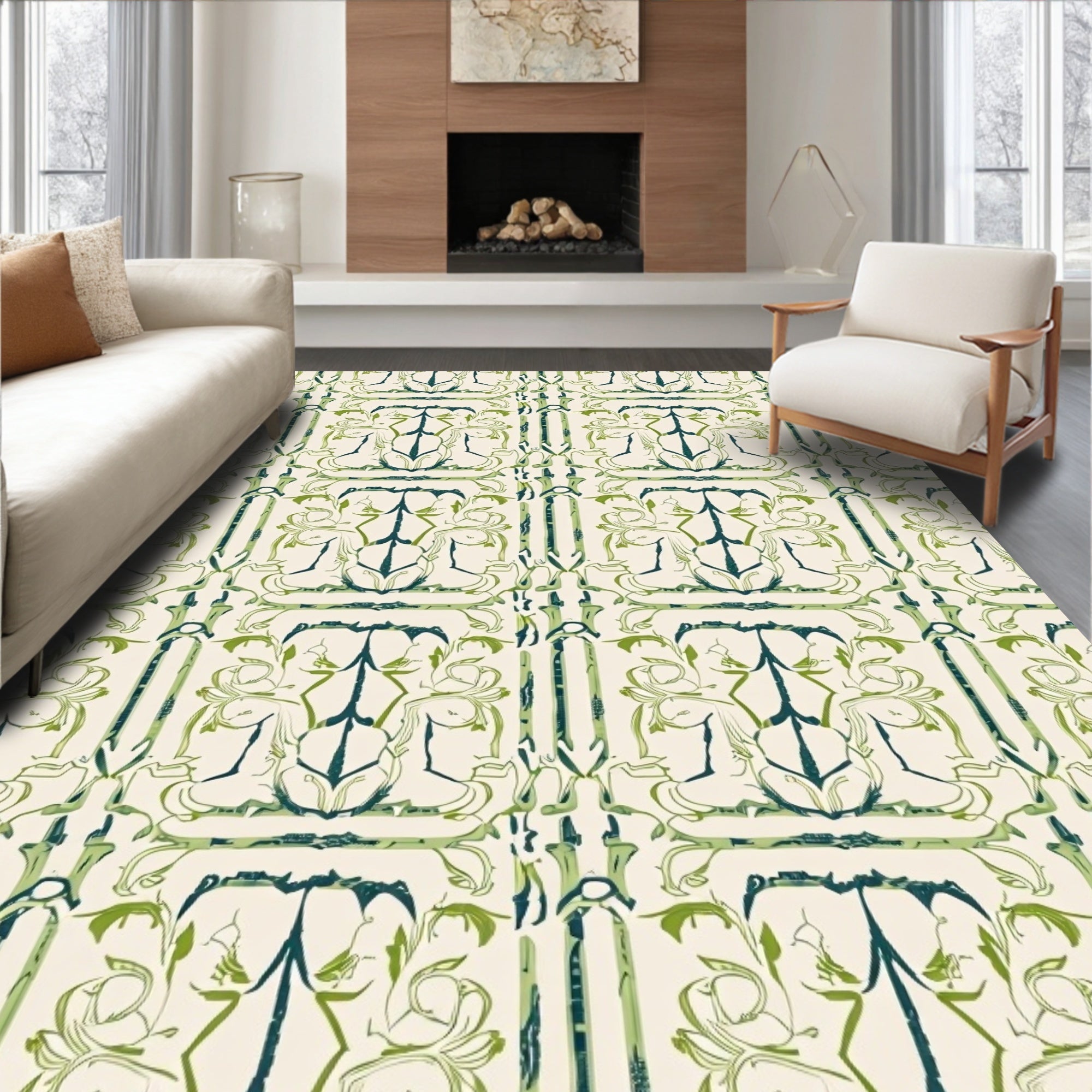 Verdant Ivory Art Nouveau Floral Rug