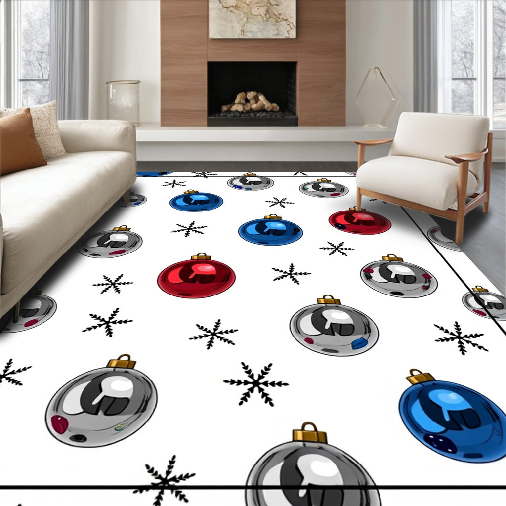 Festive Red Blue Silver Ornaments Snowflakes Rug