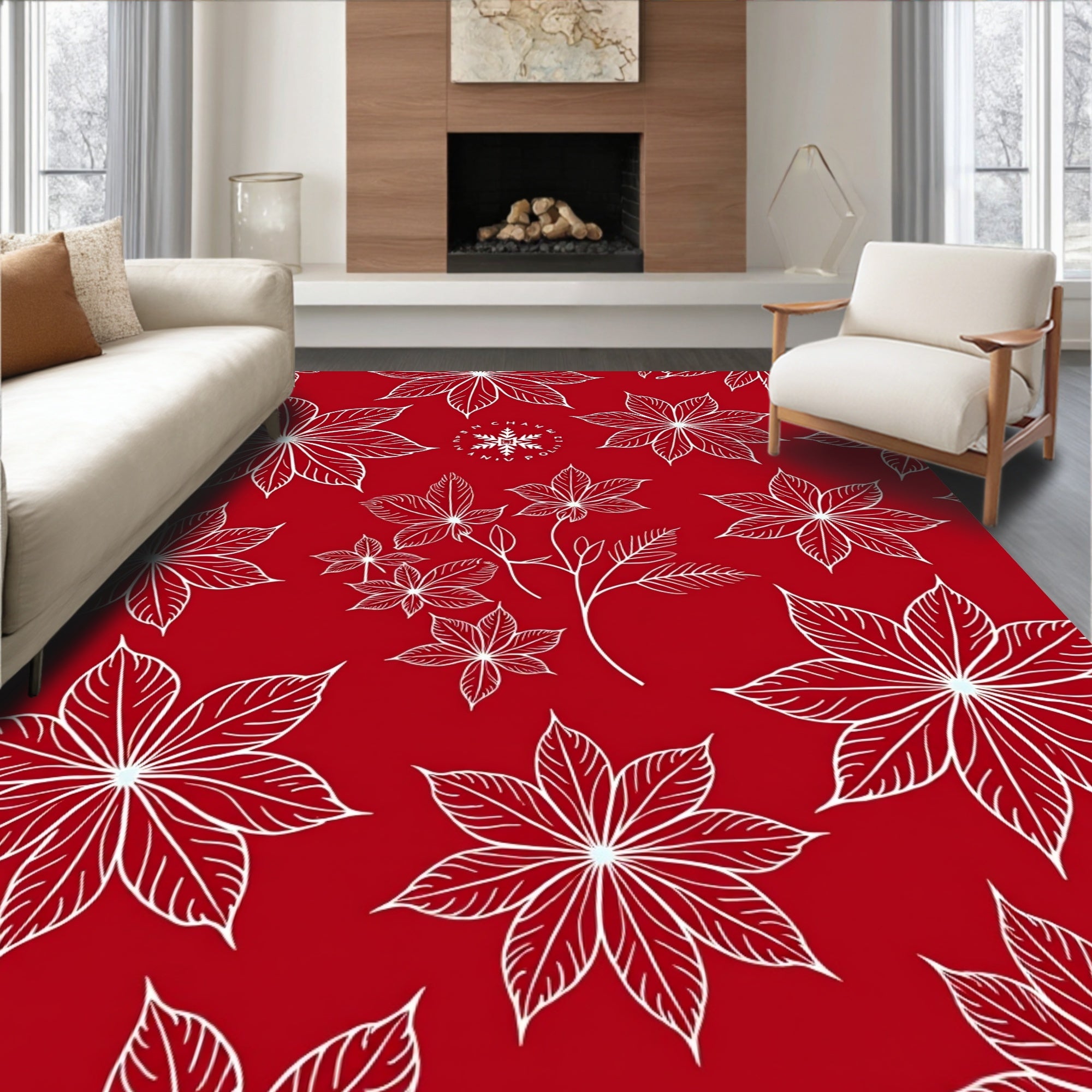 Crimson White Poinsettia Foliage Rug