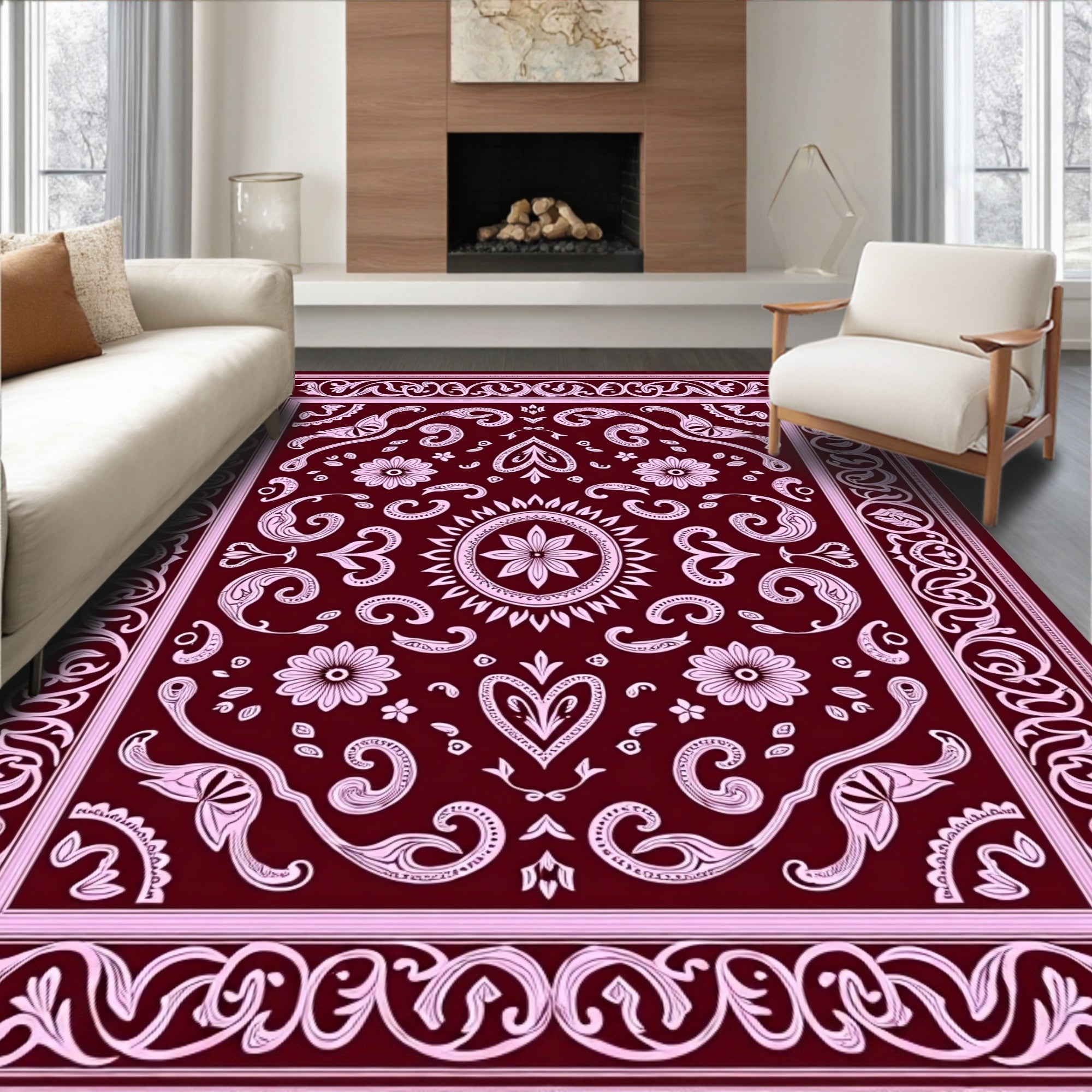 Deep Crimson Floral Scrollwork Overlay Rug