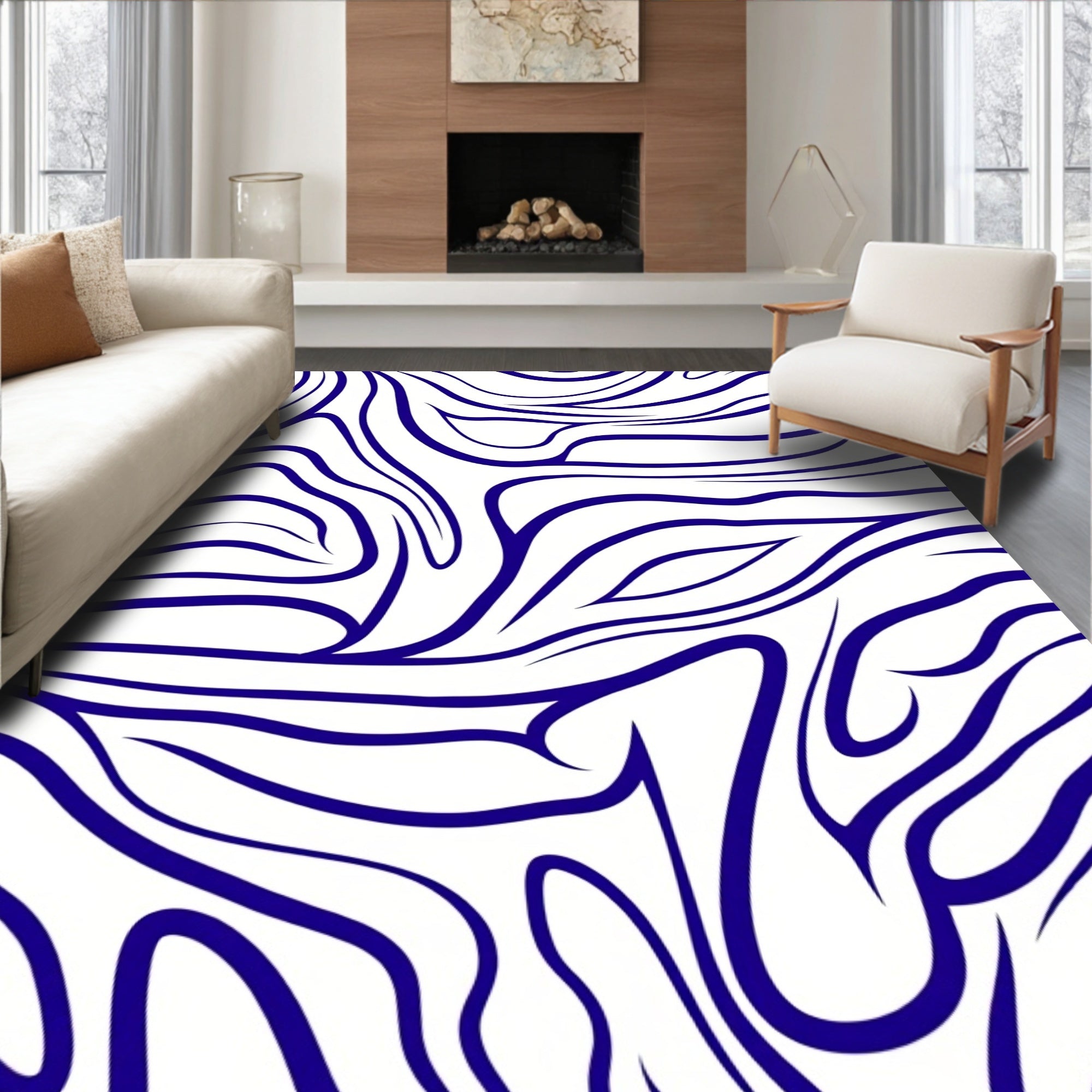 Deep Blue Wavy Stripe Abstract Rug