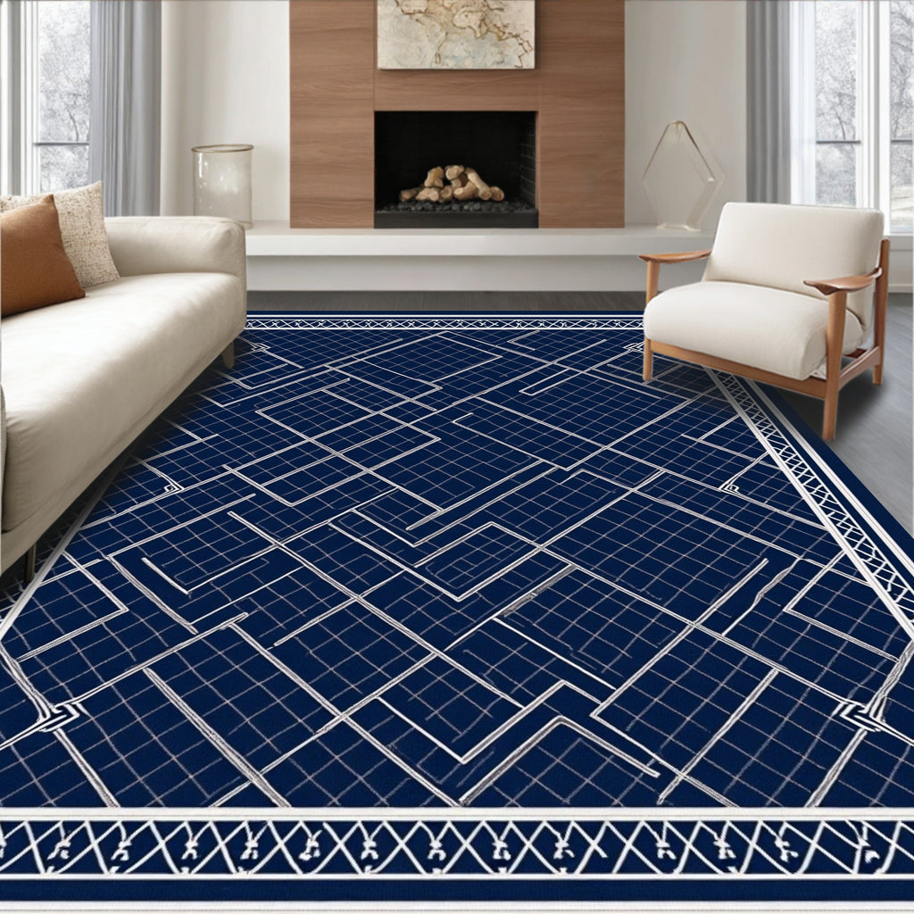 Modern Navy Blue Geometric Grid Layout Rug
