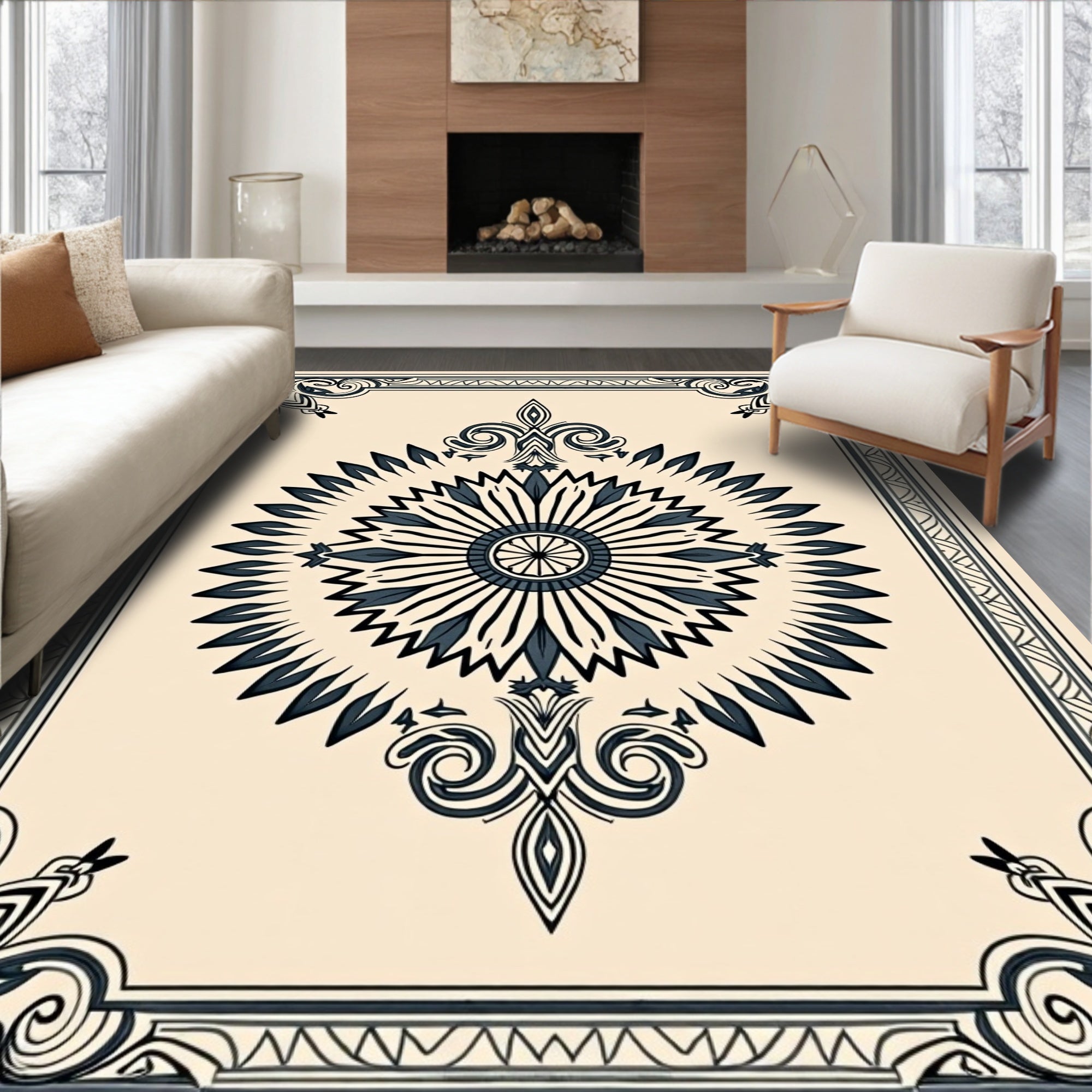 Antique Navy Sunburst Mandala Frame Rug