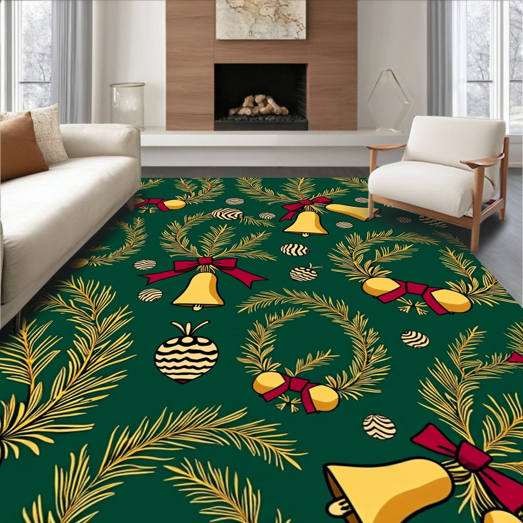 Green Gold Christmas Wreath Bells Rug