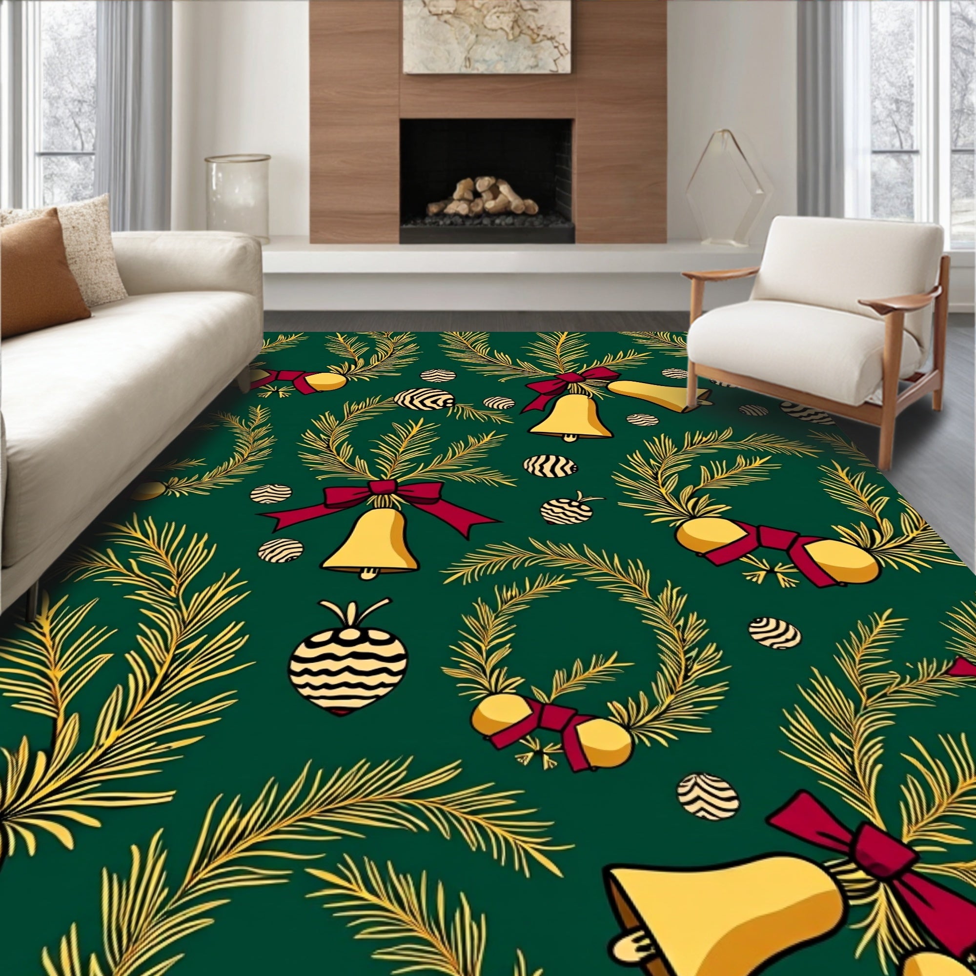 Green Gold Christmas Wreath Bells Rug