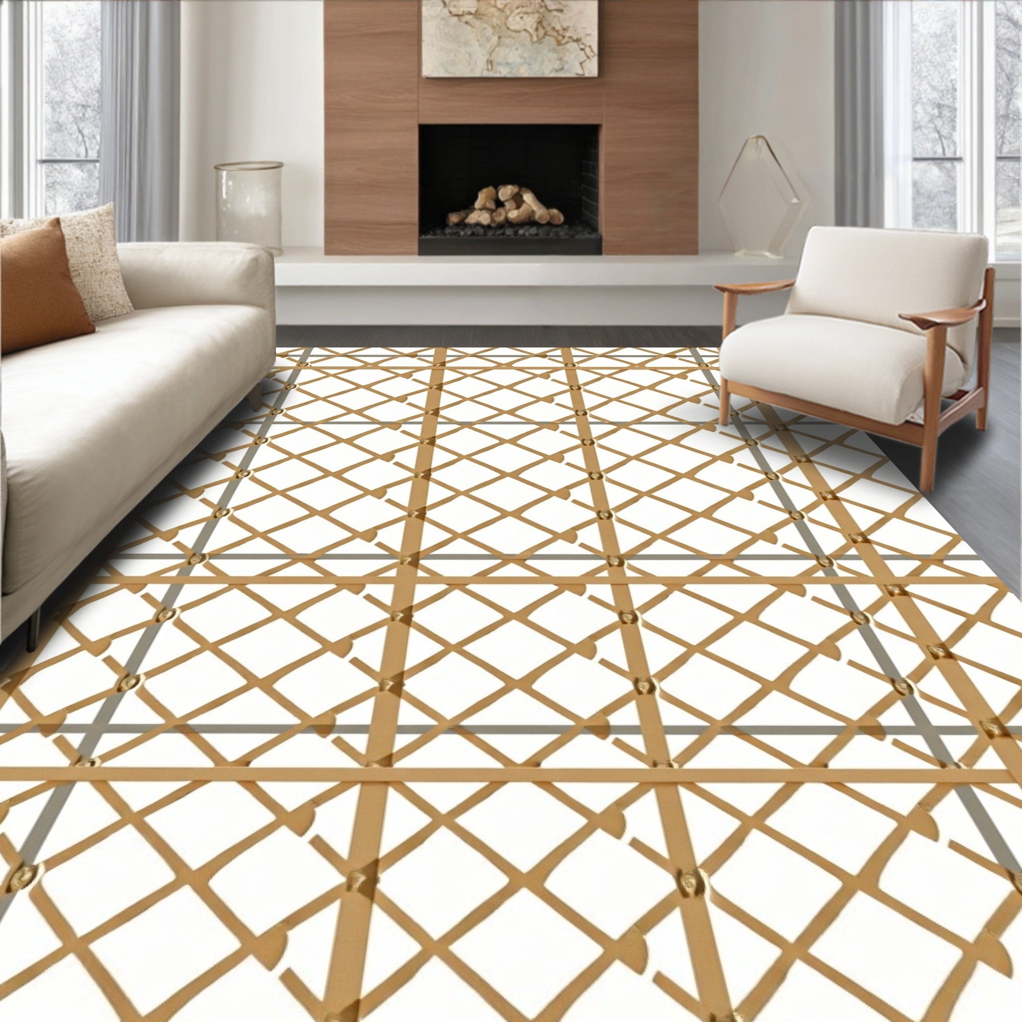 Golden Woven Lattice Diamond Rug