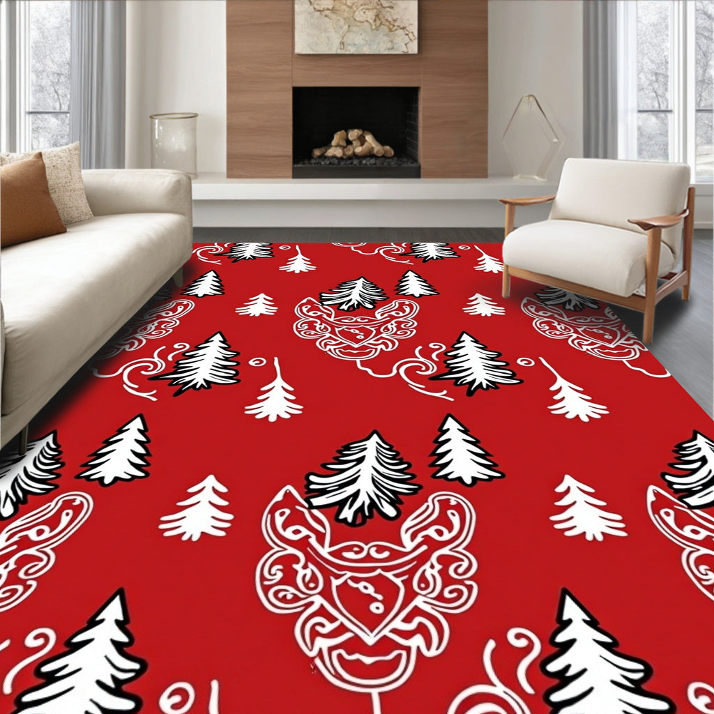 Red White Evergreen Forest Illustration Rug
