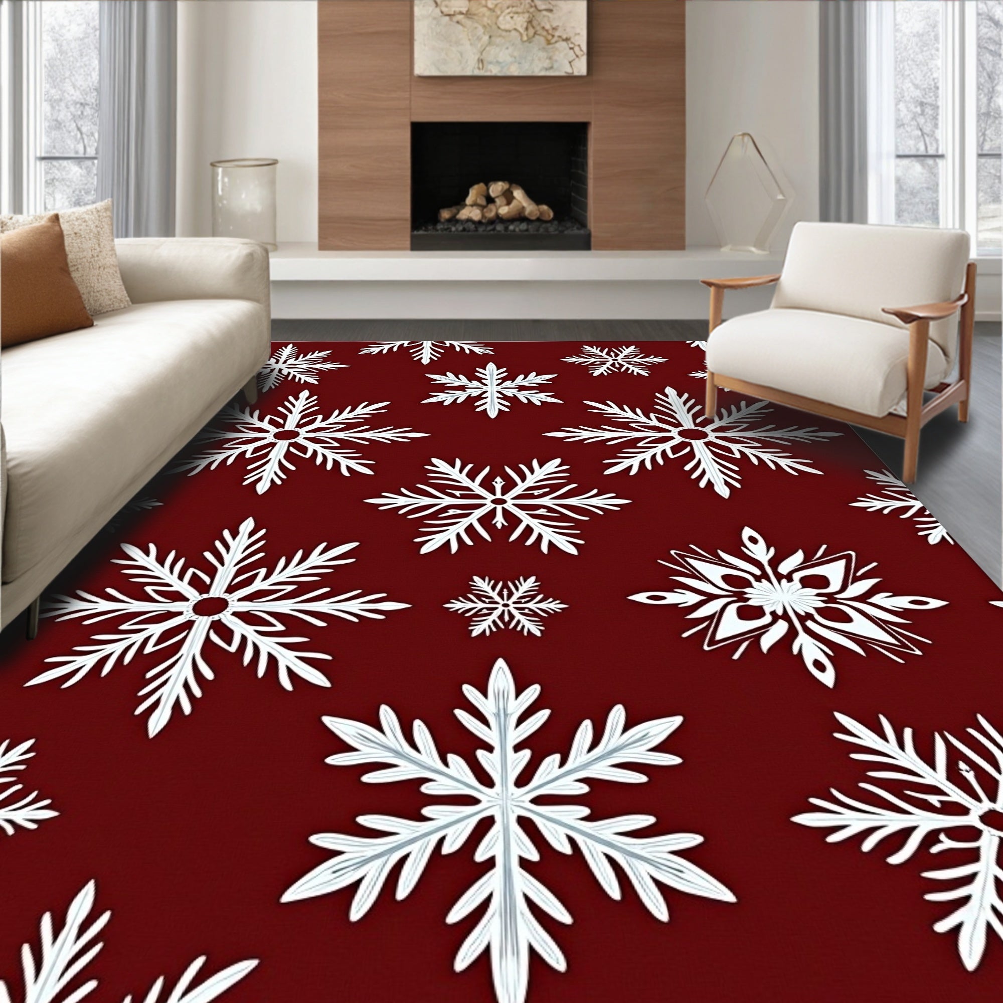 Crimson Snowflake Scatter Holiday Rug