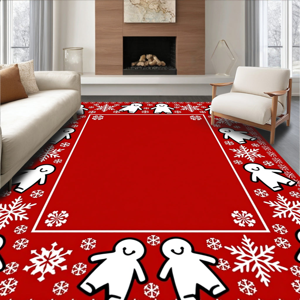 Red White Gingerbread Snowflakes Border Rug