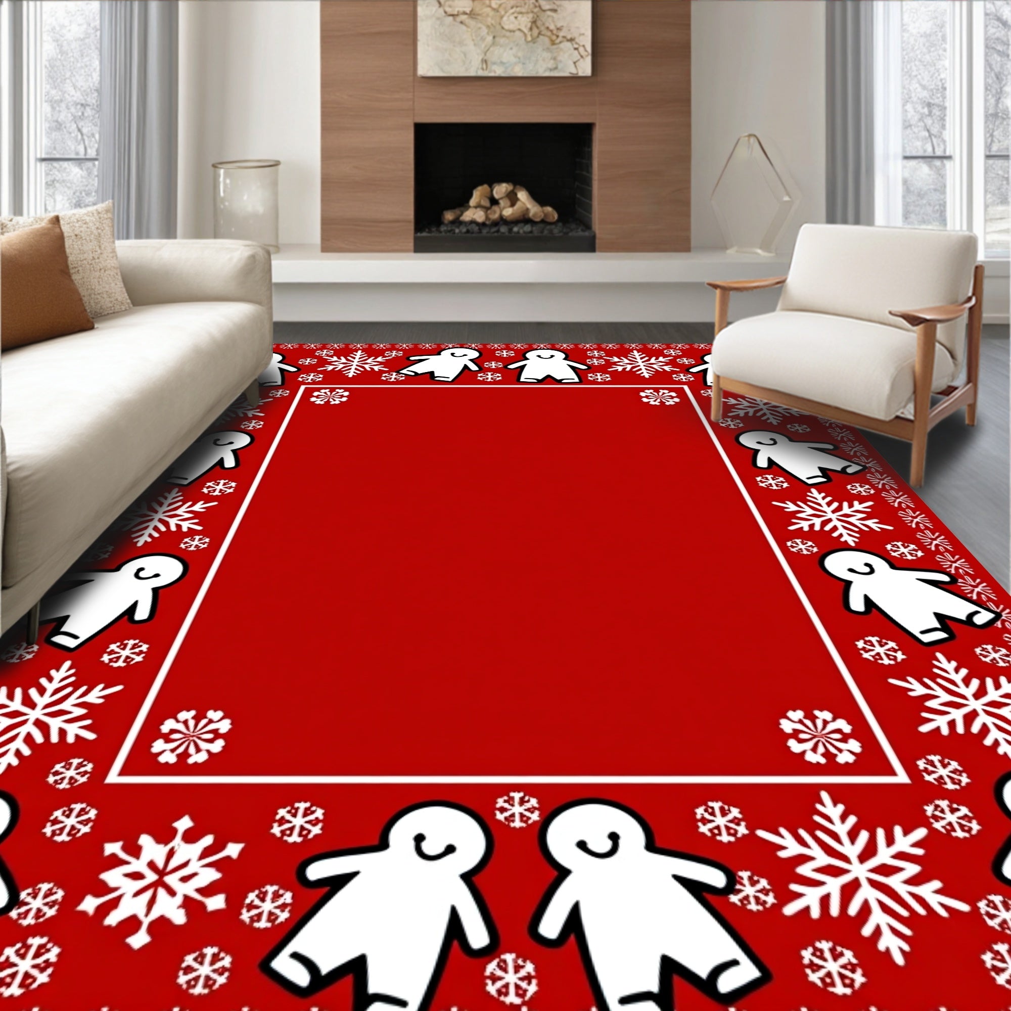 Red White Gingerbread Snowflakes Border Rug