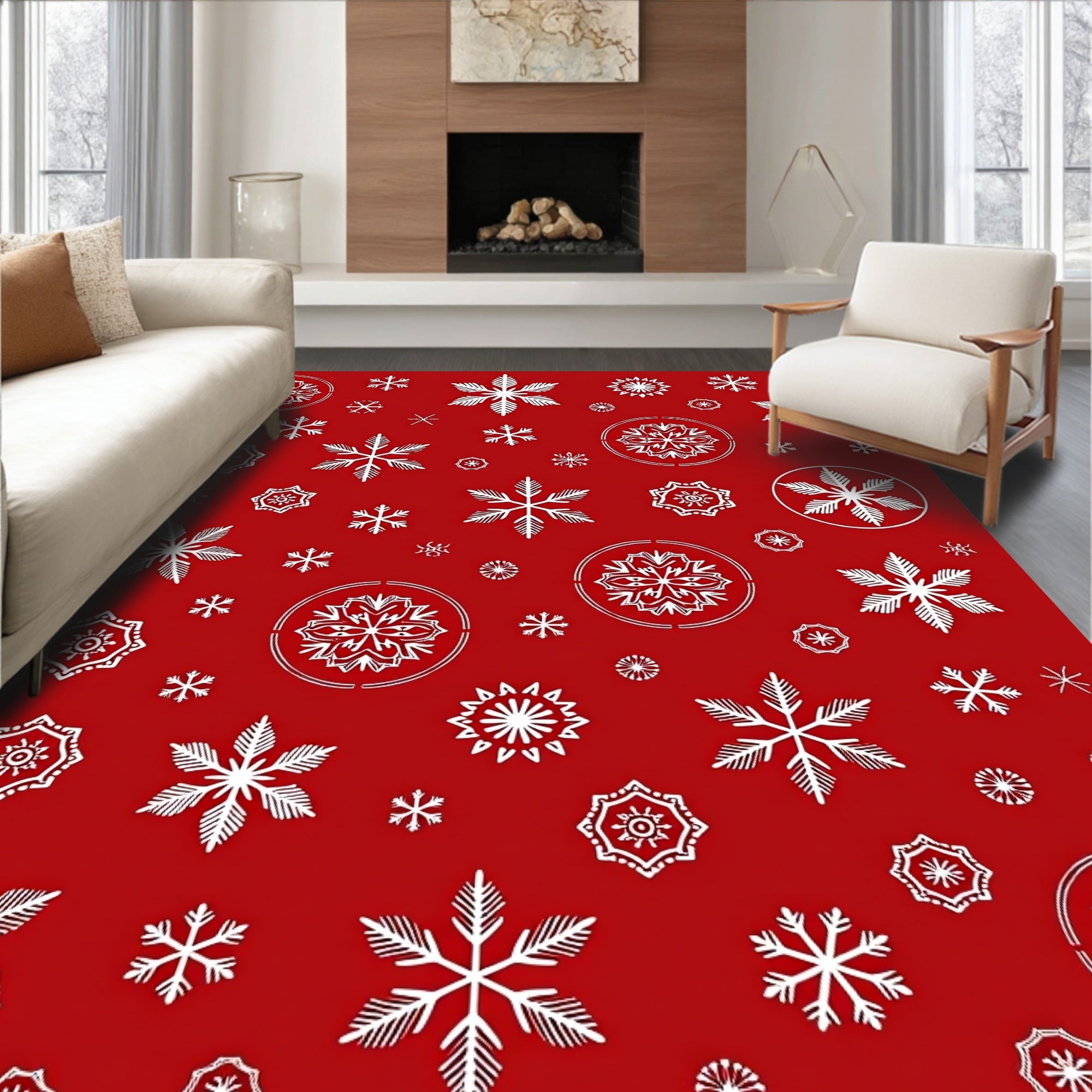 Crimson White Snowflake Medley Rug
