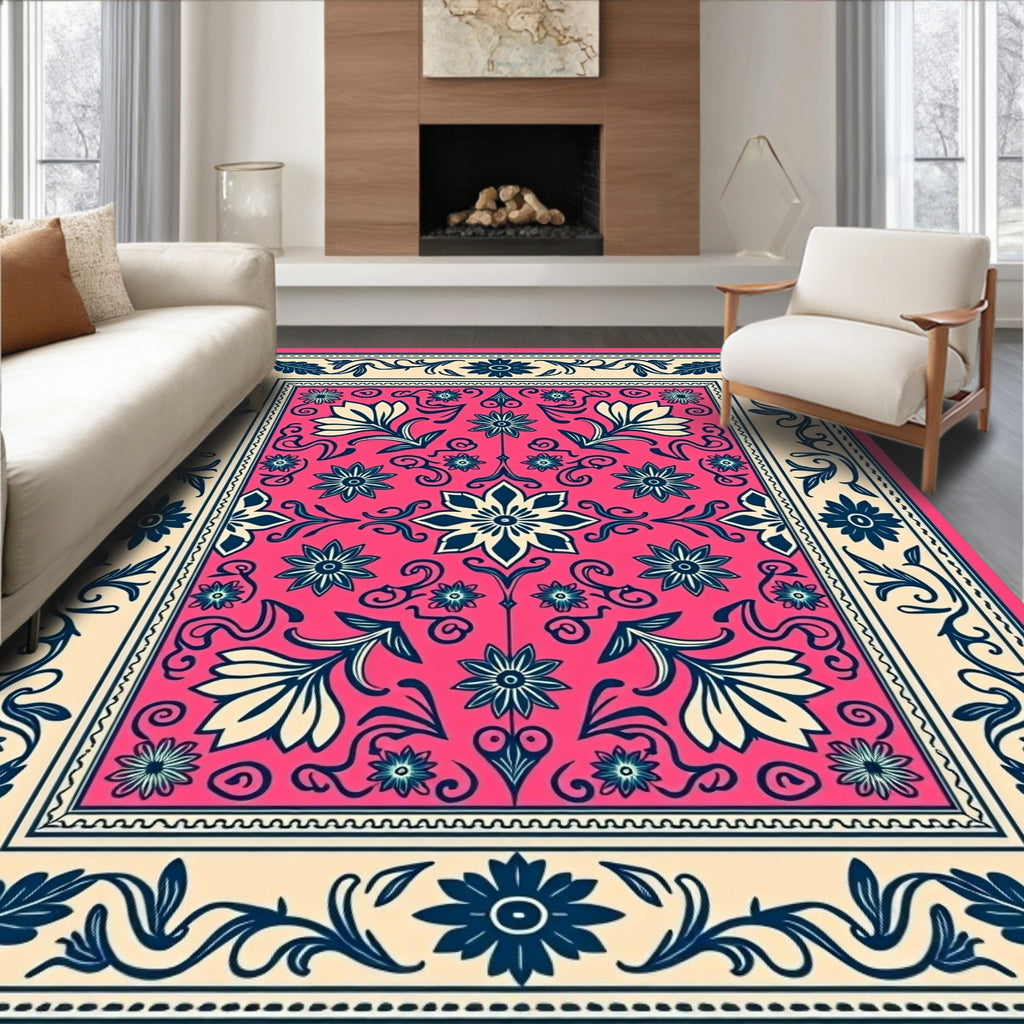 Vibrant Pink Floral Border Rug