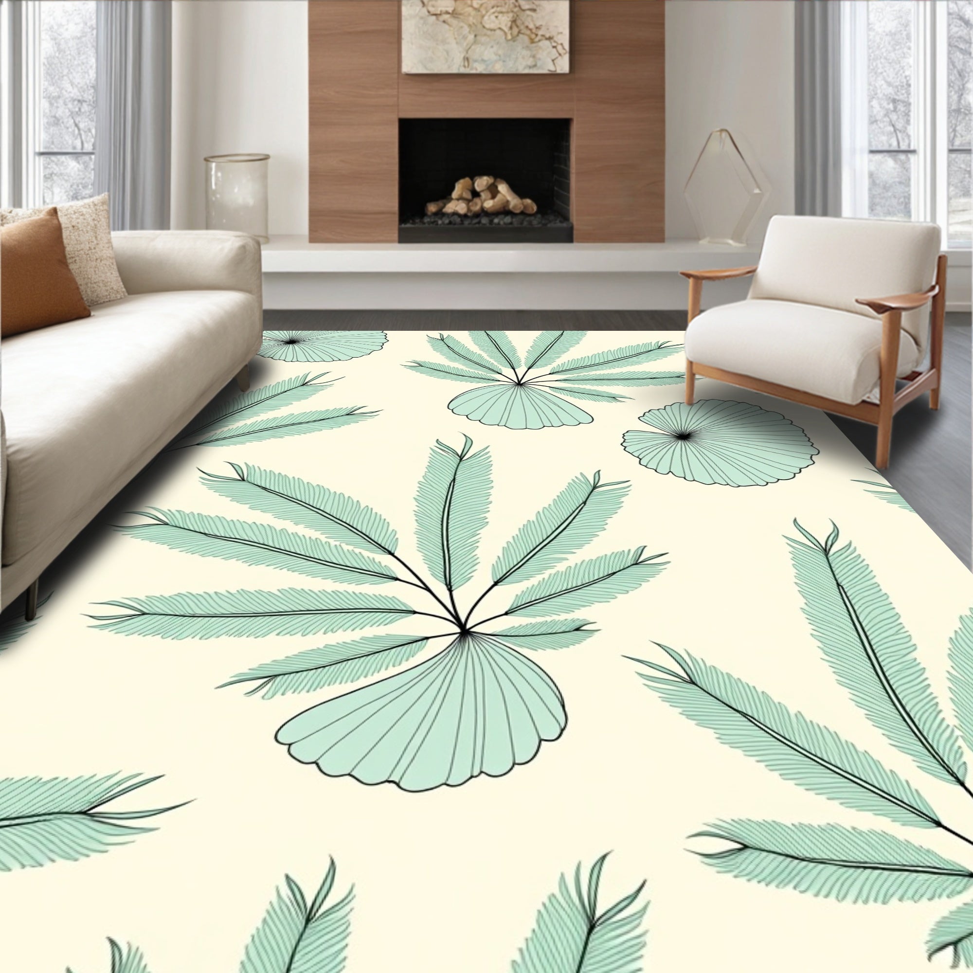 Pale Green Fern Leaf Repeat Rug
