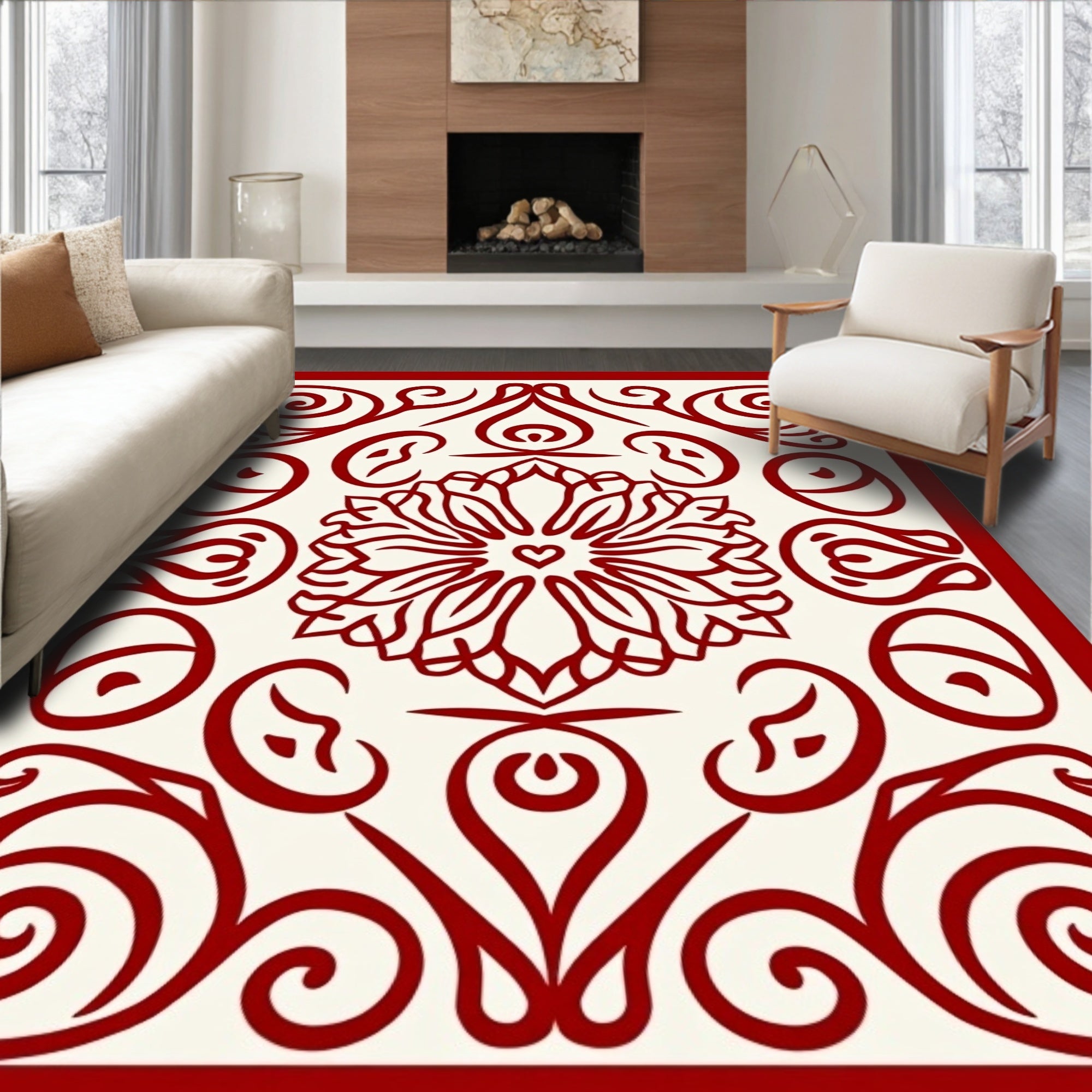 Crimson Floral Heart Medallion Swirls Rug