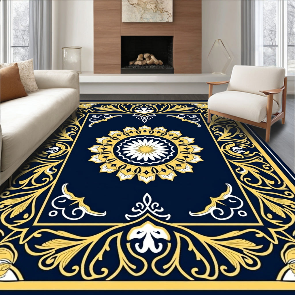 Deep Blue Floral Medallion Border Rug