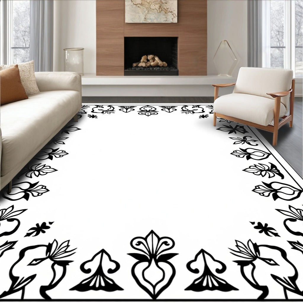 Ornate Floral Border Black White Rug