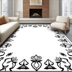 Ornate Floral Border Black White Rug