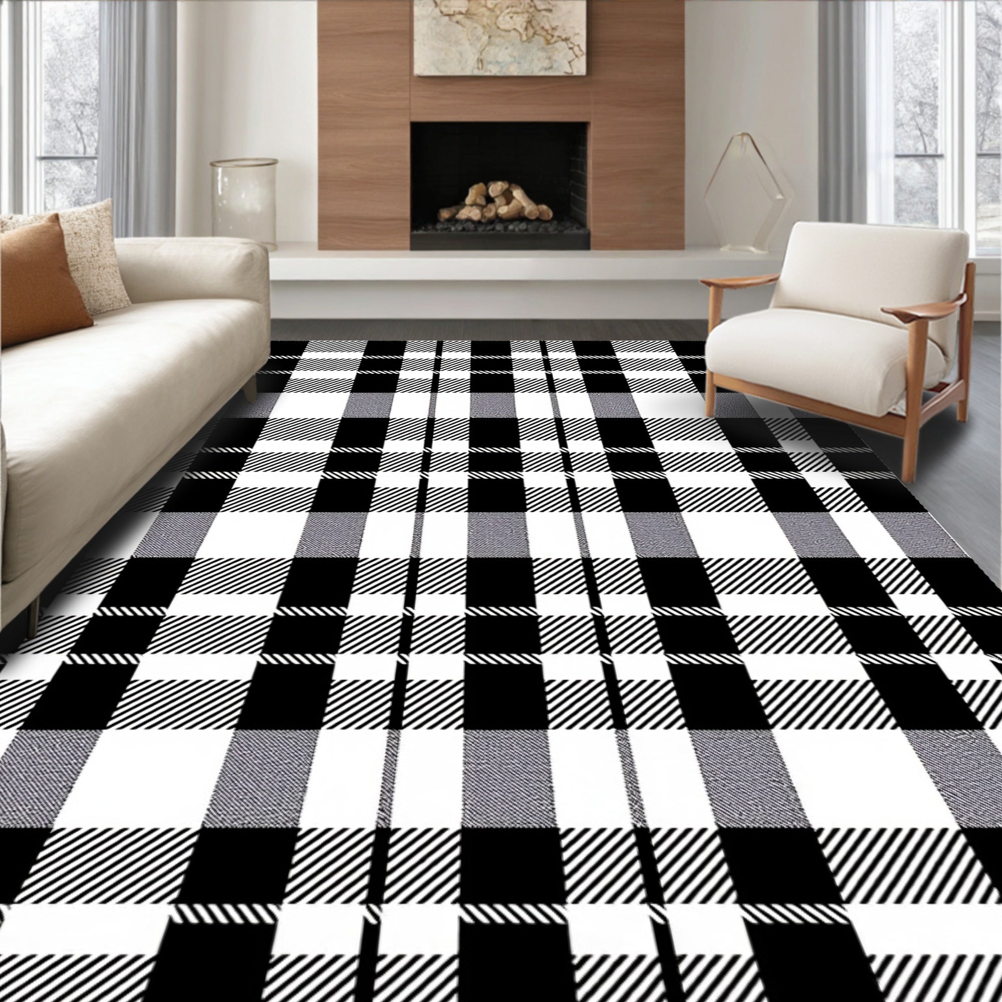 Classic Black White Plaid Lines Rug