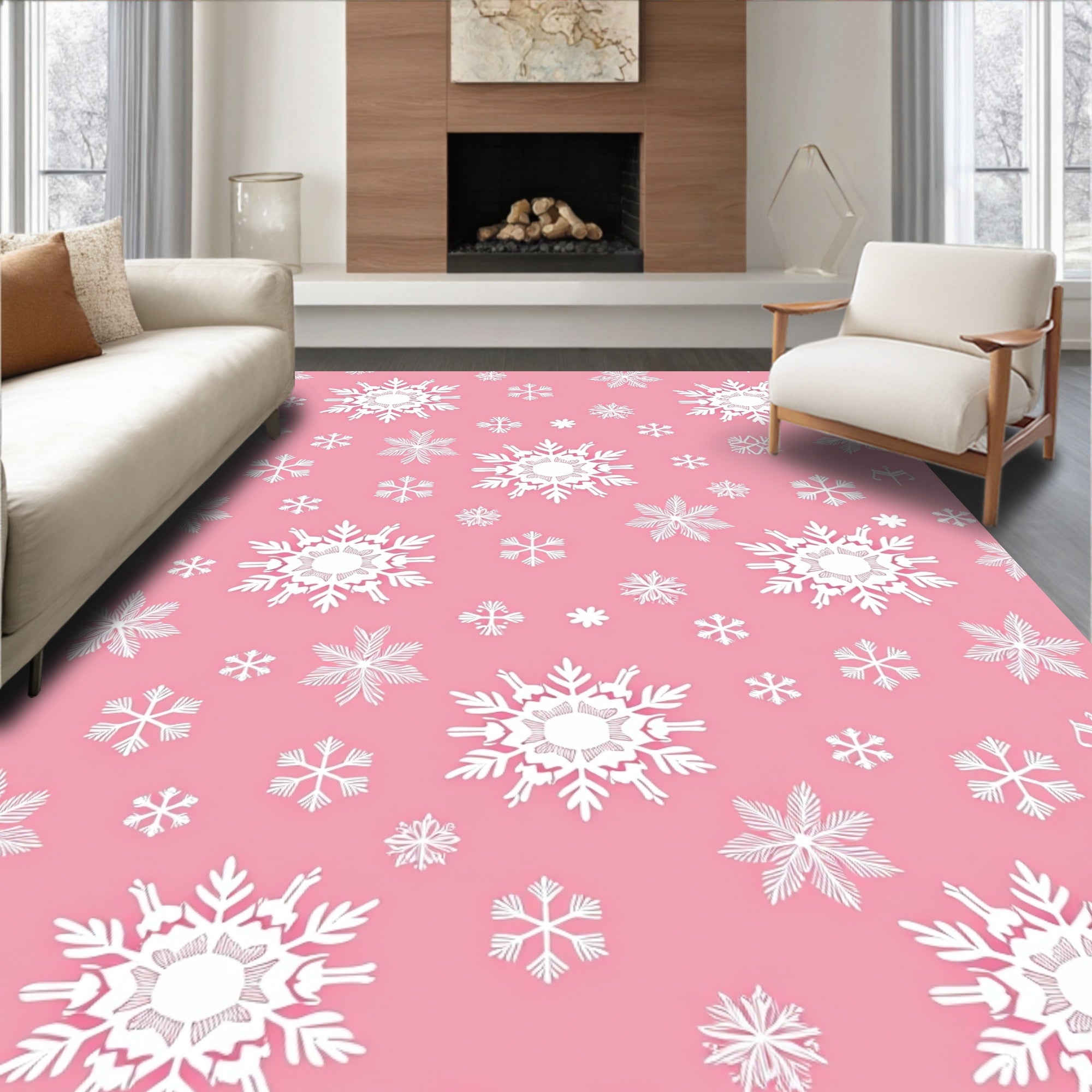 Pink and White Snowflake Cluster Rug