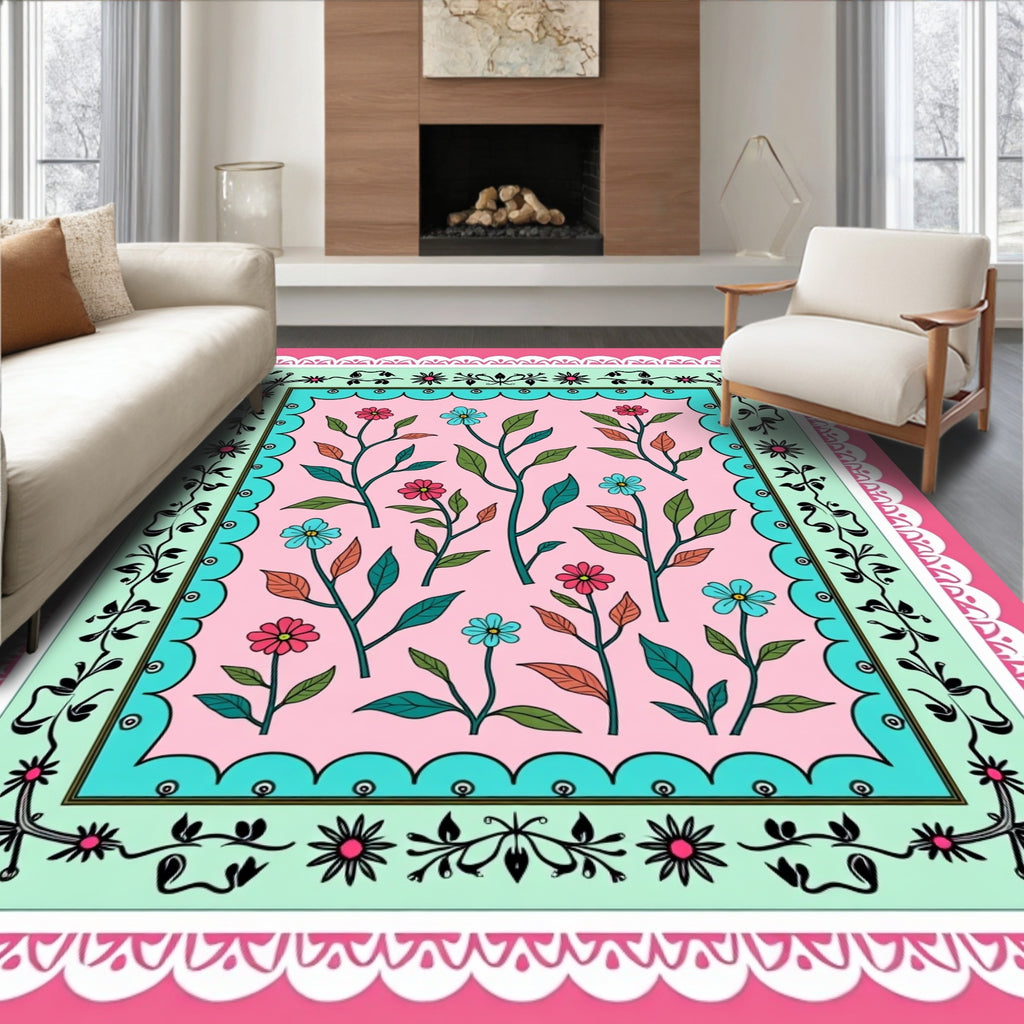 Pink Floral Vines on Pastel Green Background Rug