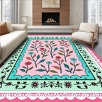Pink Floral Vines on Pastel Green Background Rug