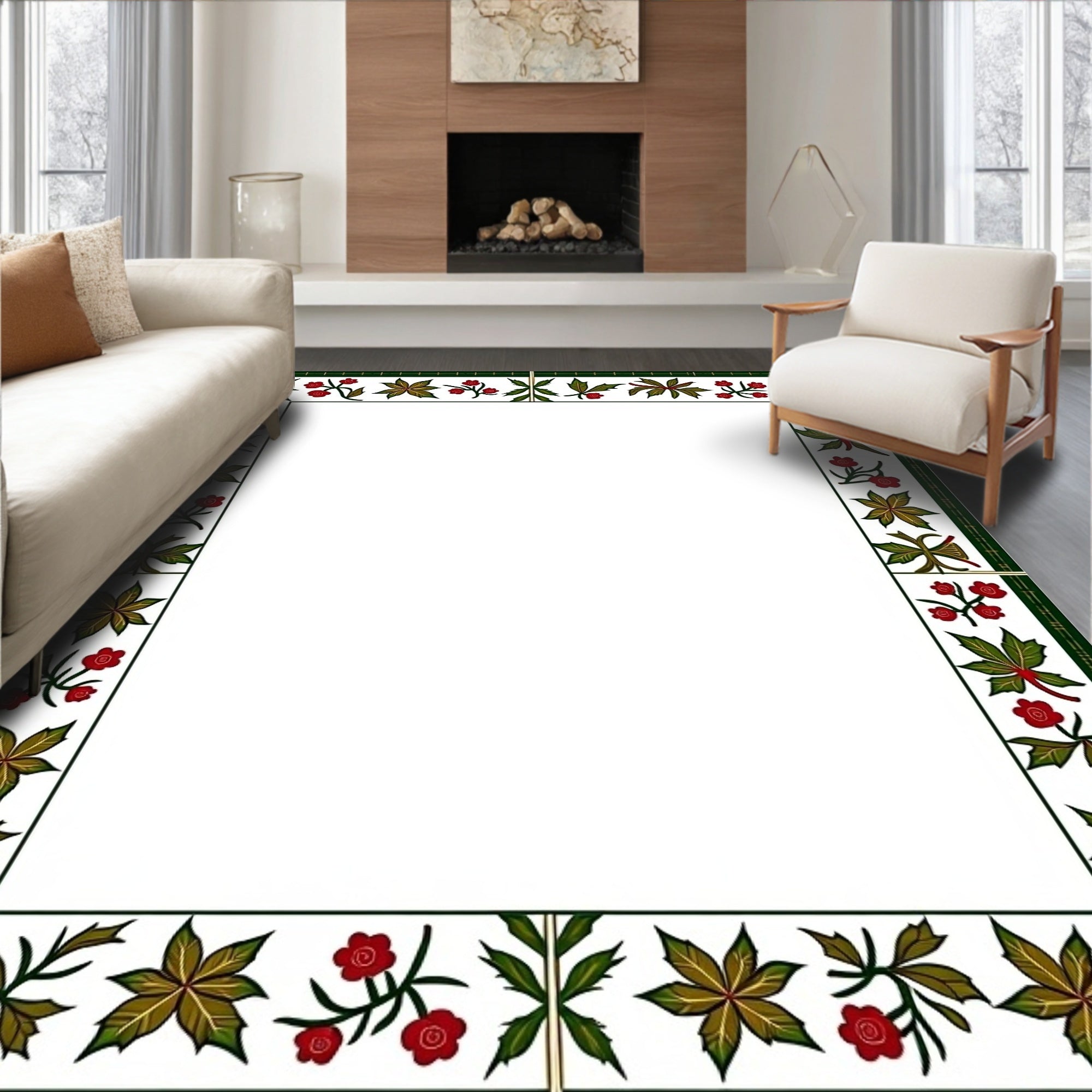 Crimson floral green leaf border Rug