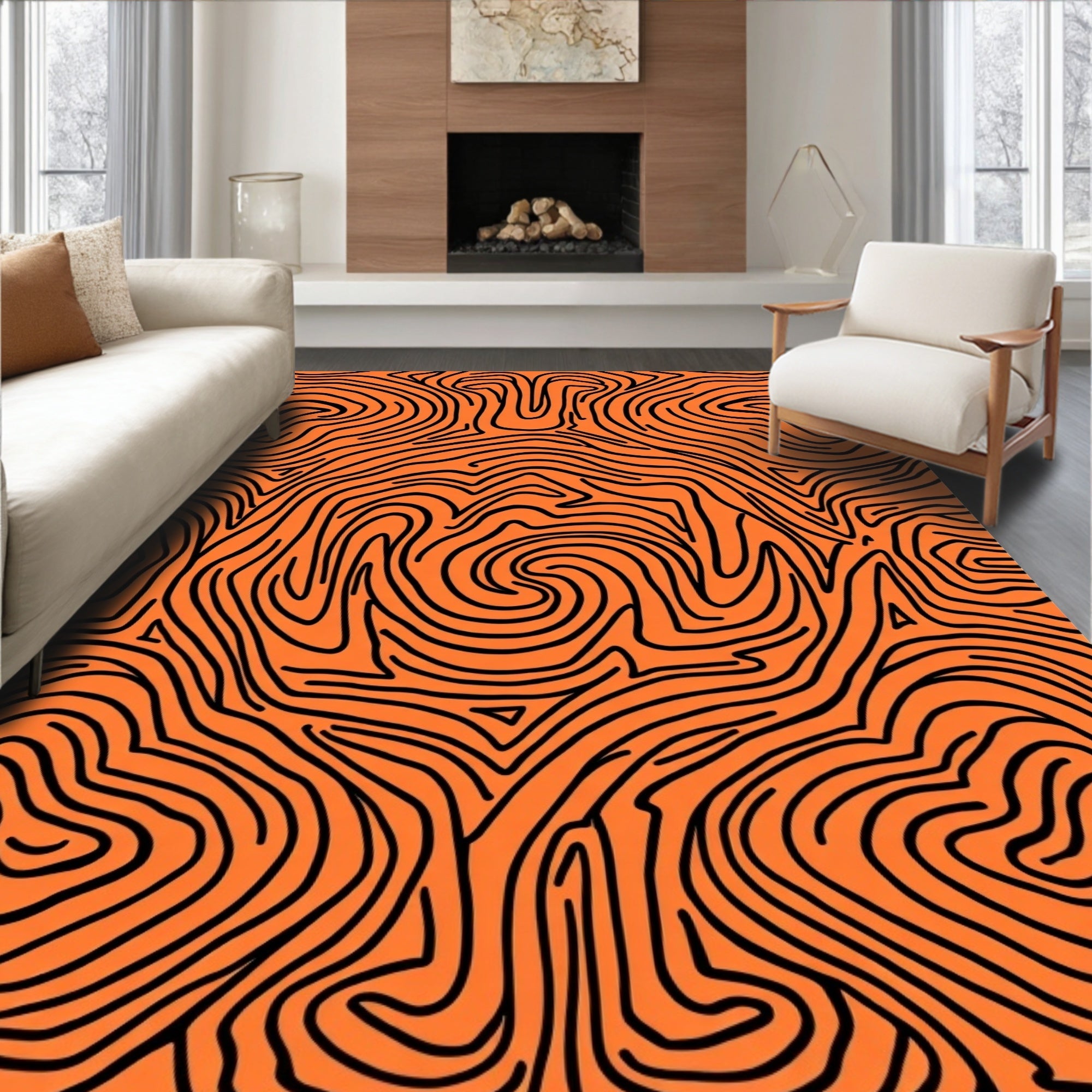 Orange Black Abstract Swirl Lines Rug