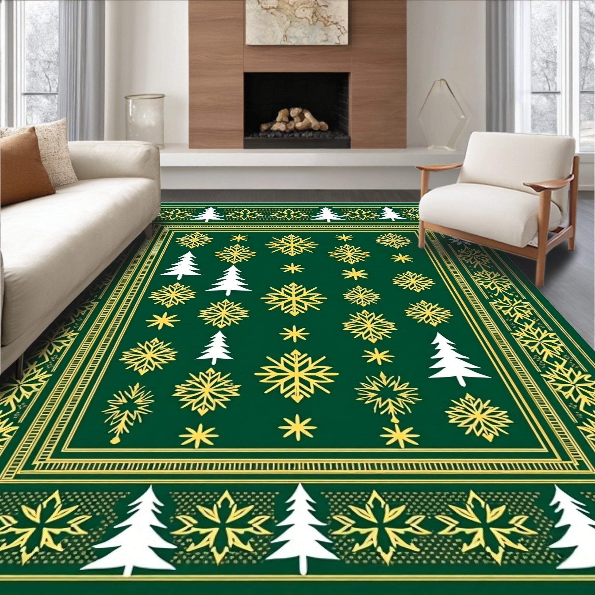 Green Yellow Snowflake Pine Tree Border Rug