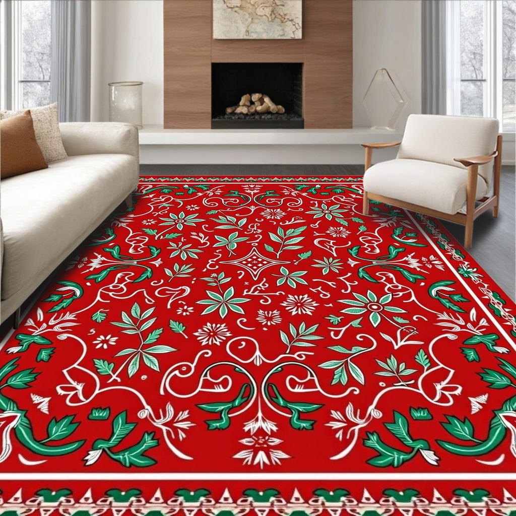 Crimson Green Leafy Floral Garland Rug