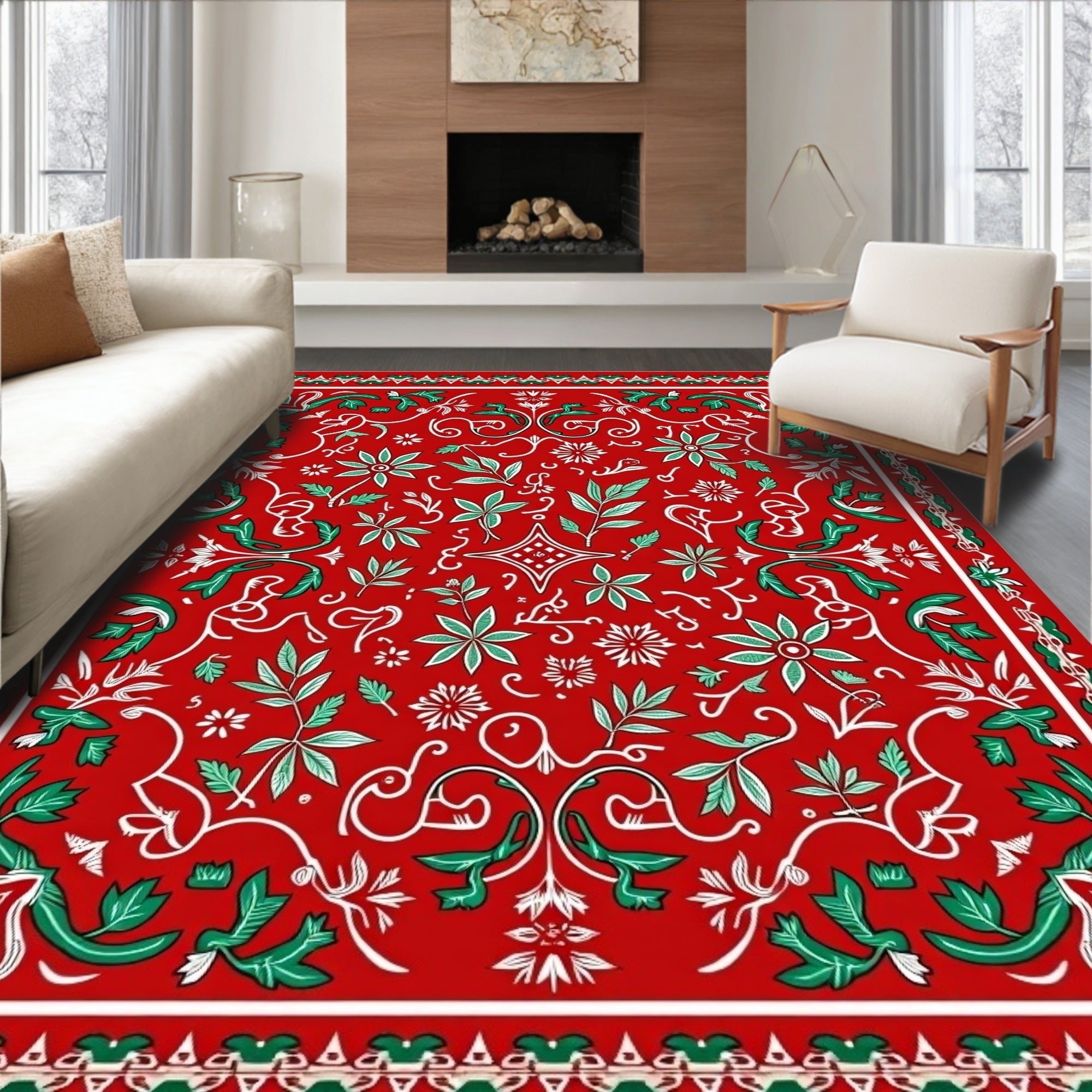 Crimson Green Leafy Floral Garland Rug