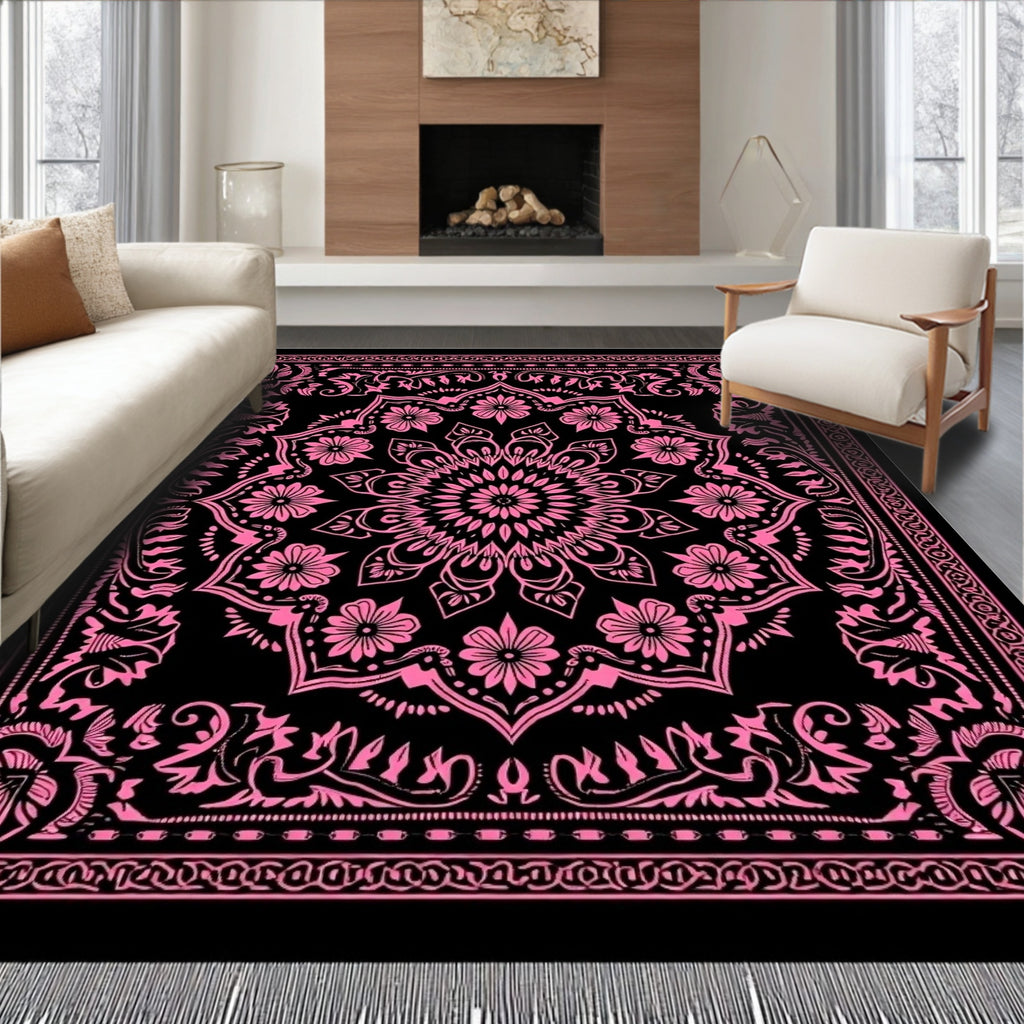 Hot Pink Mandala Floral Black Rug