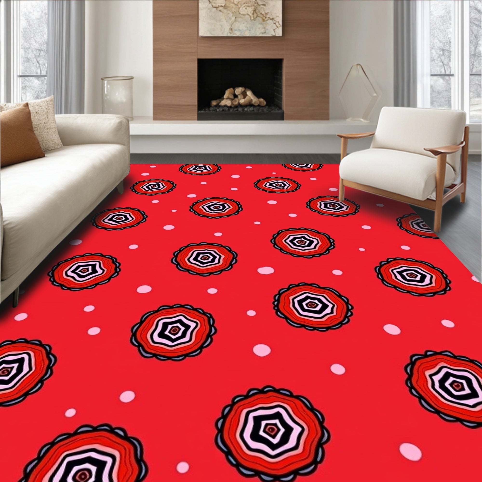 Red Flower Medallion Polka Dot Rug