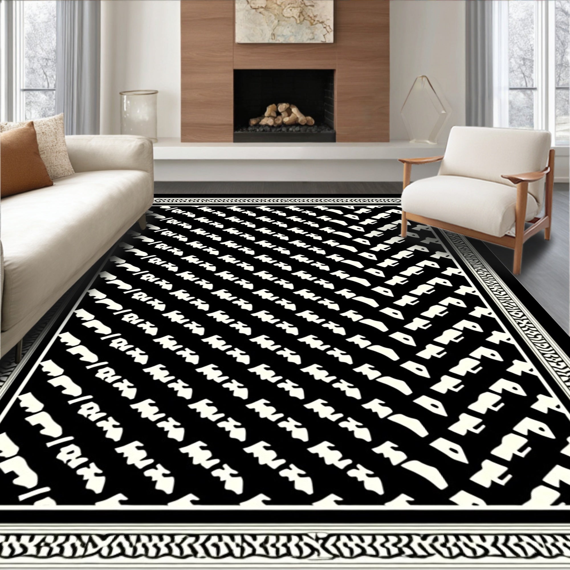 Black and Ivory Diagonal Abstract Rug