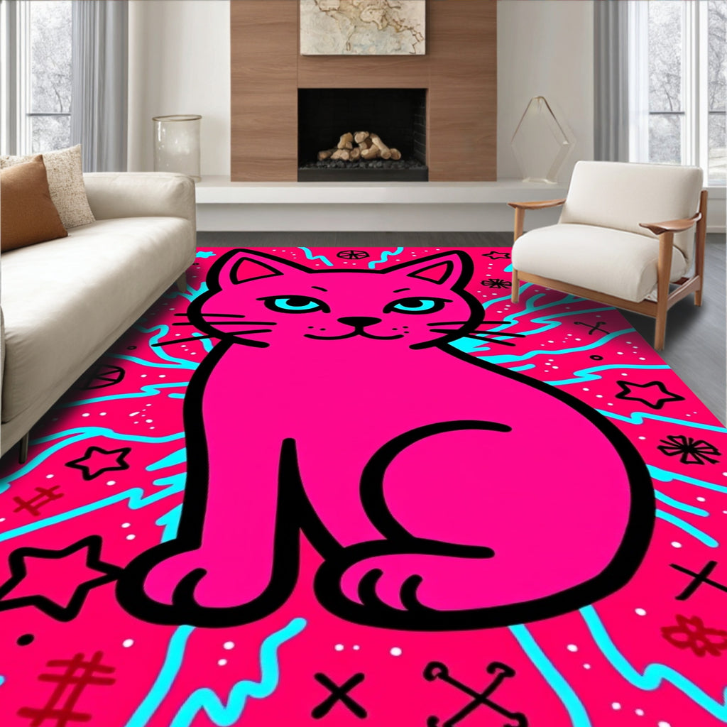 Bright Pink Feline Cosmic Whimsy Rug