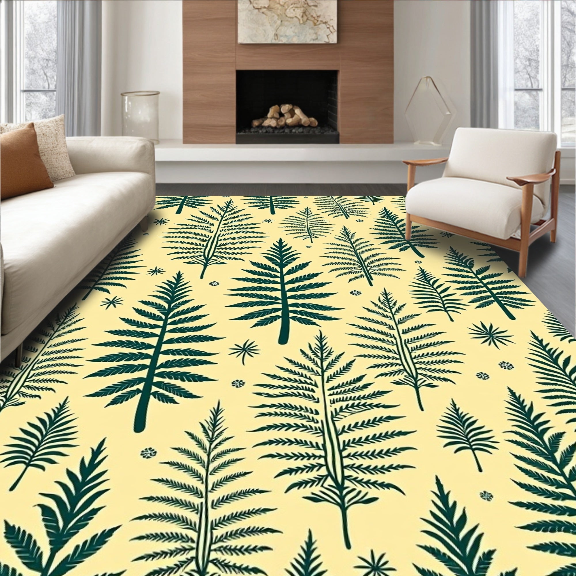 Forest Green Fern Foliage Yellow Rug