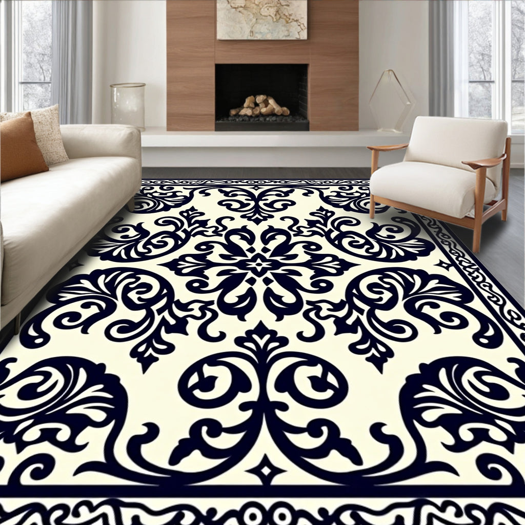 Dark Navy Cream Damask Scroll Rug