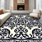Dark Navy Cream Damask Scroll Rug