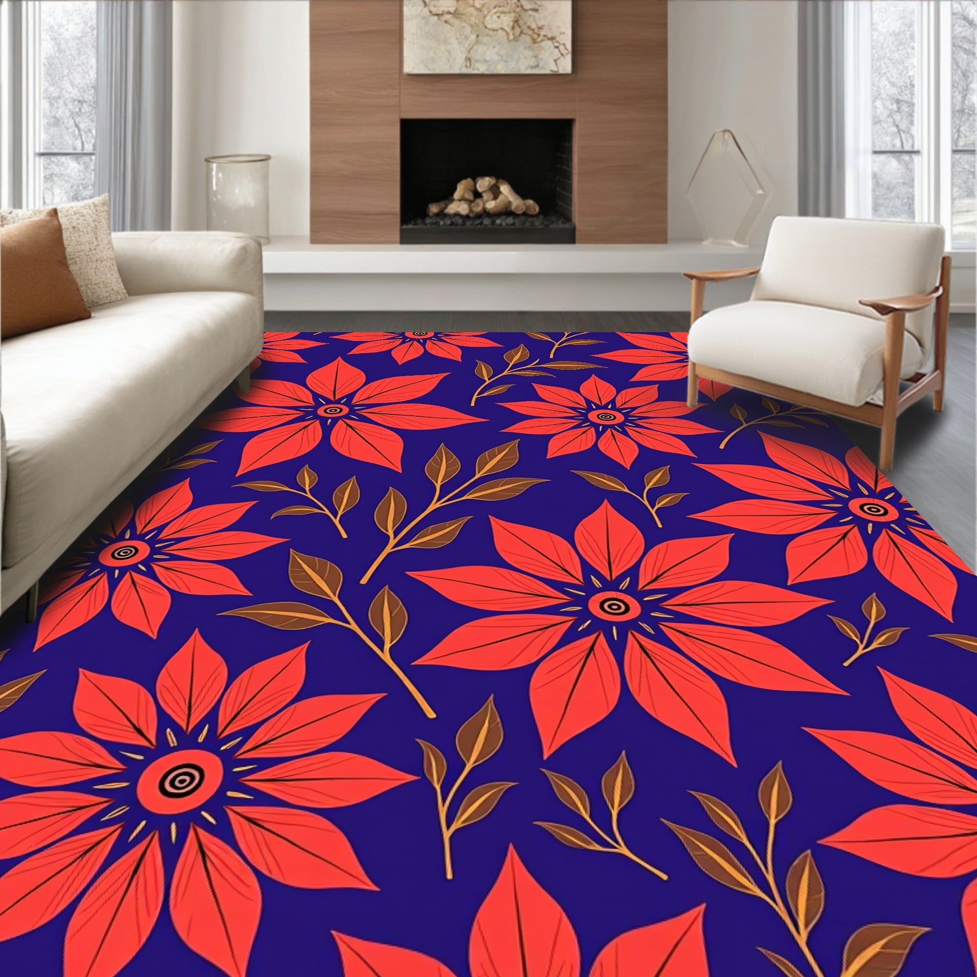 Crimson Floral Starburst Navy Rug