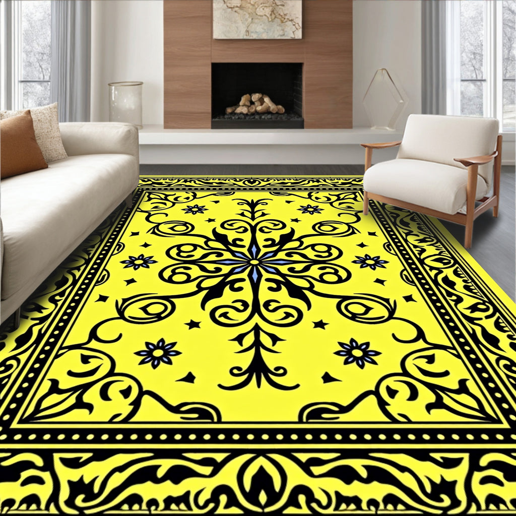 Vibrant Yellow Black Floral Medallion Rug