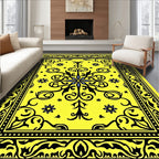 Vibrant Yellow Black Floral Medallion Rug