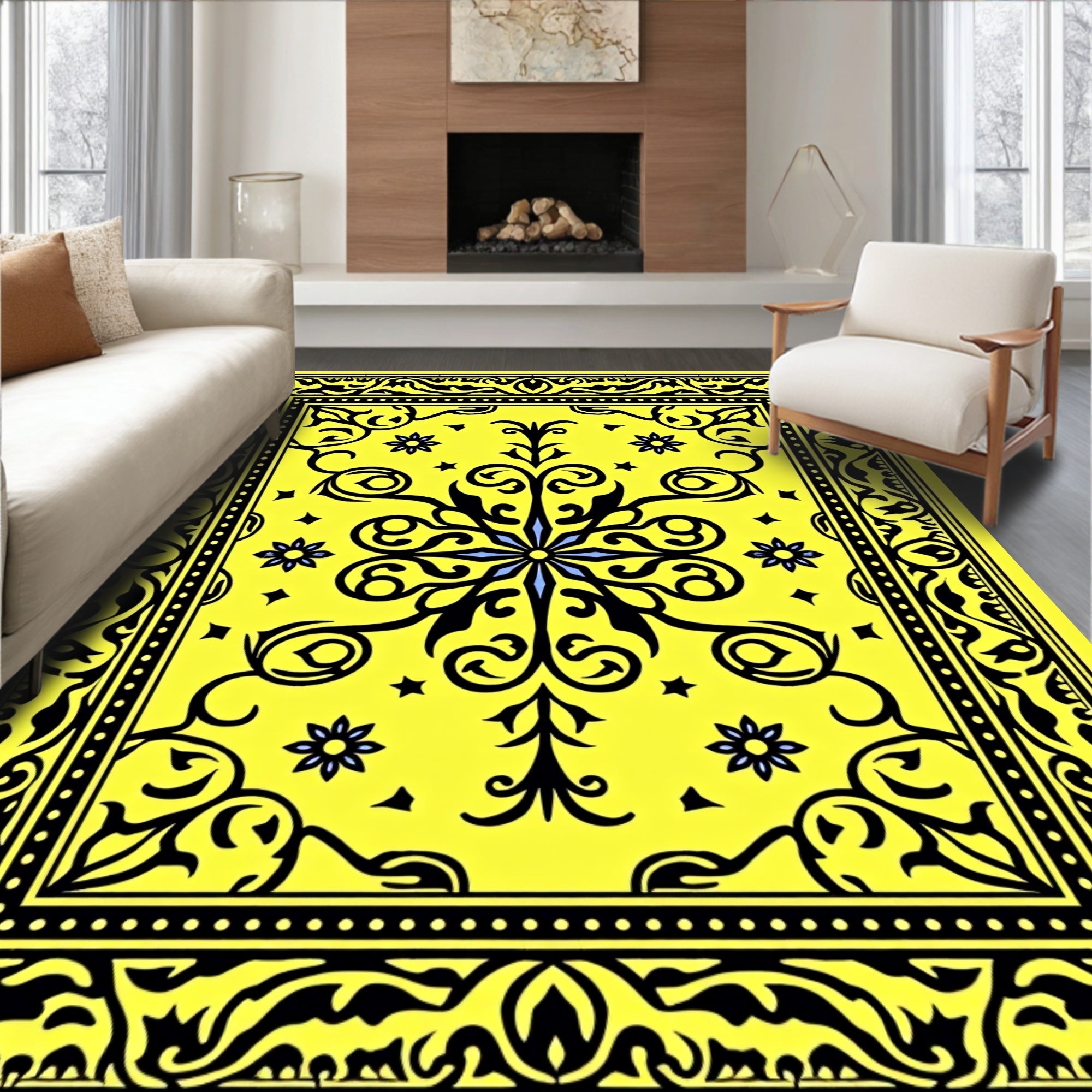 Vibrant Yellow Black Floral Medallion Rug