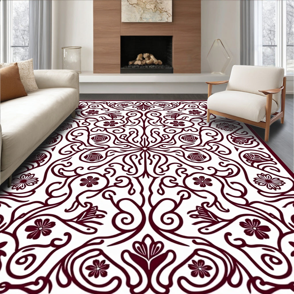 Crimson Floral Vine Scroll Medallion Rug
