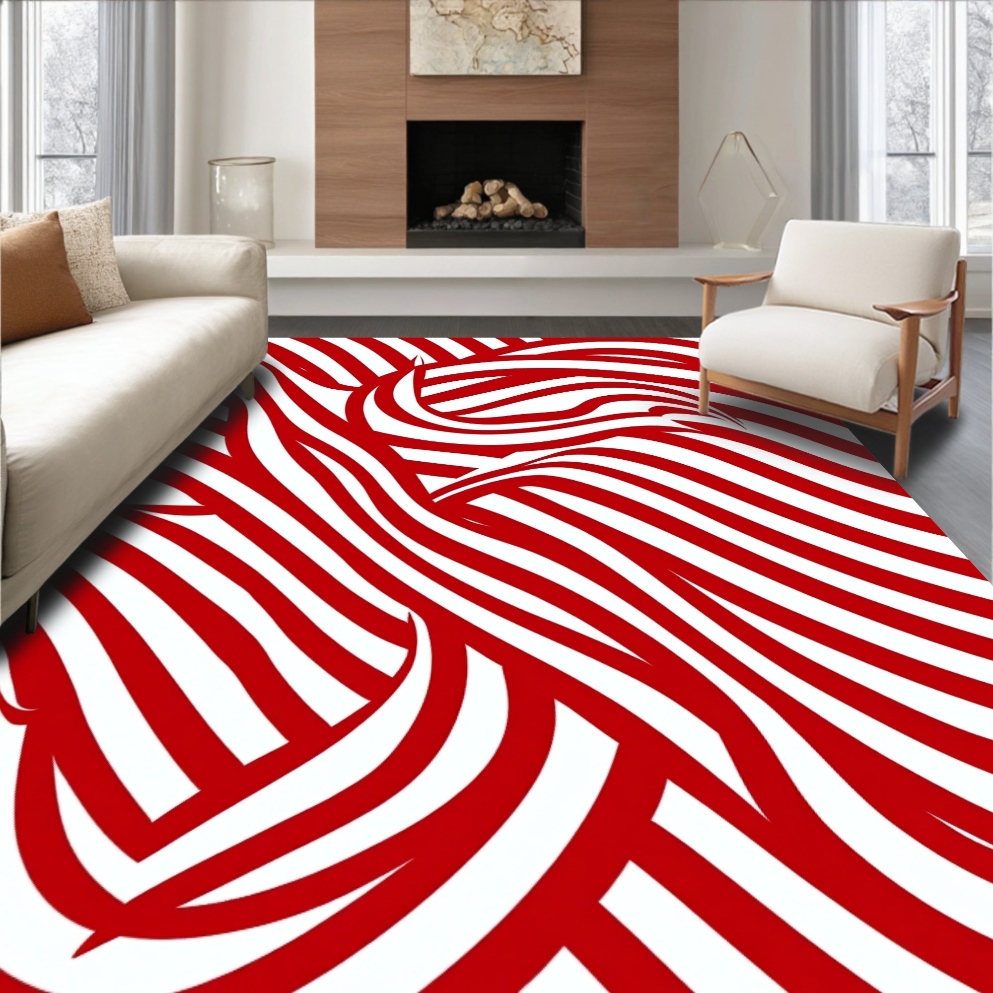 Crimson White Swirling Stripe Rug
