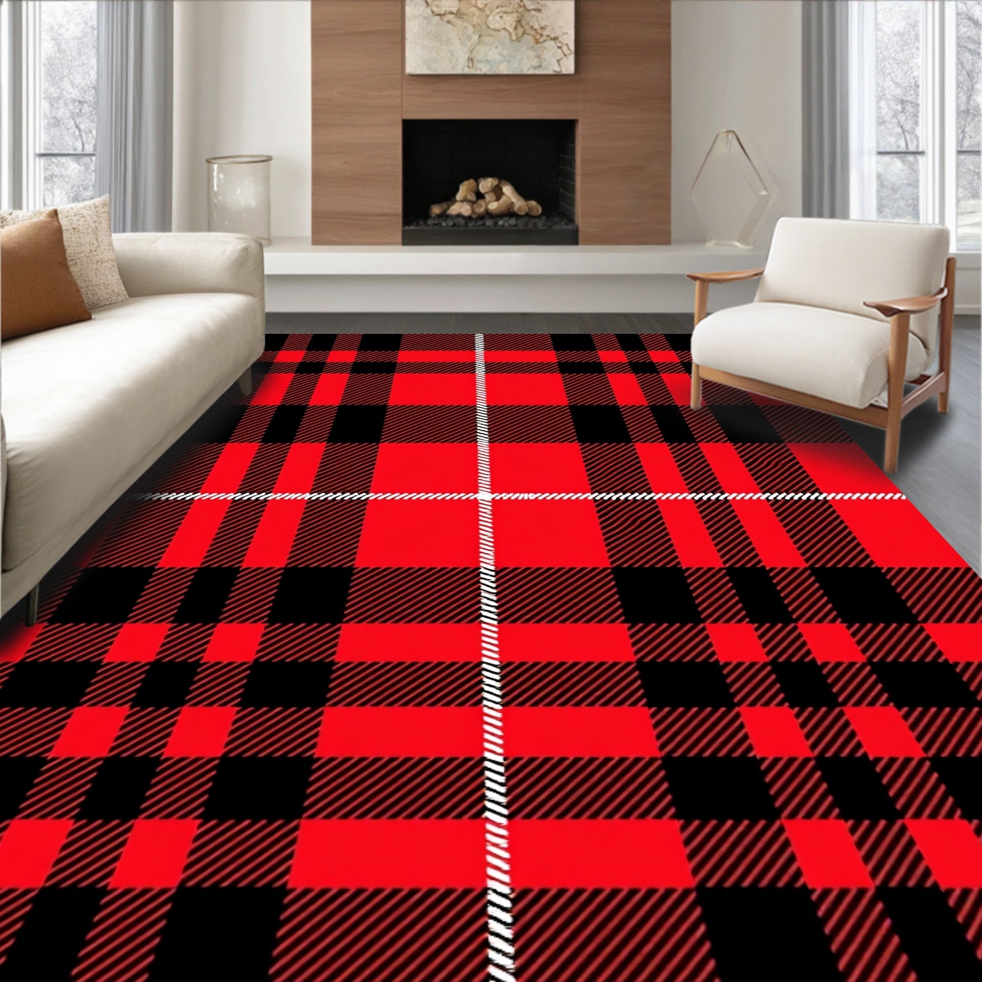 Bold Red Black Plaid Tartan Rug