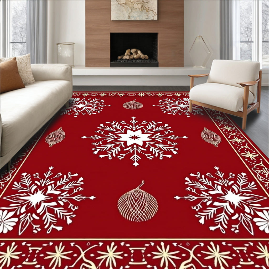 Crimson White Snowflakes Ornate Border Rug