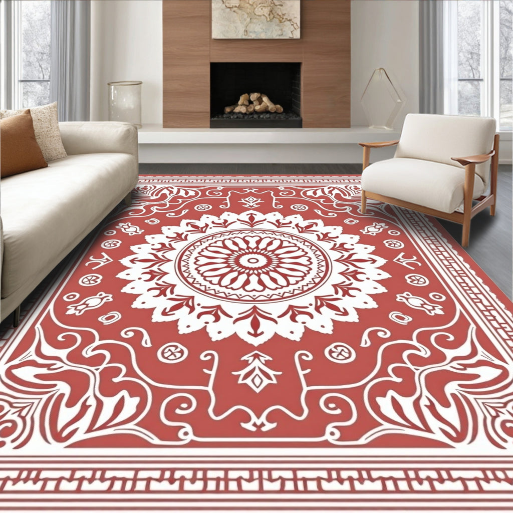 Crimson White Floral Medallion Border Rug