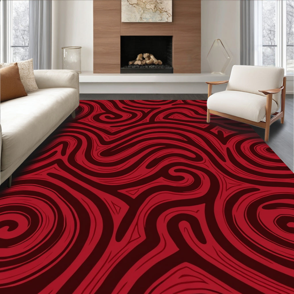 Deep Red Swirling Lines Rug