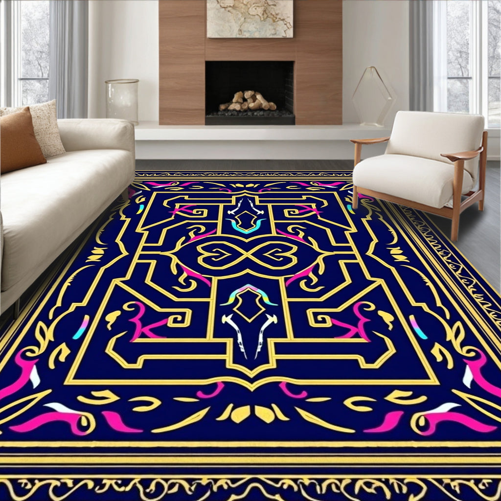Deep Blue Golden Geometric Swirl Rug
