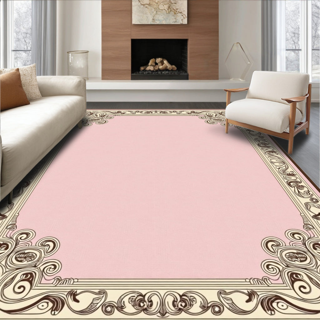 Ornate Pink Scroll Leaf Border Rug